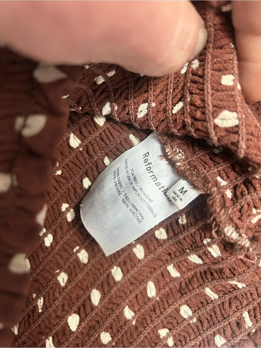 Reformation Brown Polka Dot Smocked Peasant Blouse
